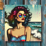 Beautiful Woman on Beach Comic Book Pop Art Leinwanddruck<br><div class="desc">Hübsches ai-Bild von einer hübschen Dame am Strand mit Sonnenbrille mit einem Ozean Beach Hintergrund Comic Buch Stil Pop Kunst.</div>