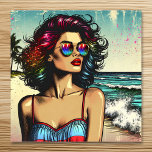 Beautiful Woman on Beach Comic Book Pop Art Poster<br><div class="desc">Hübsches ai-Bild von einer hübschen Dame am Strand mit Sonnenbrille mit einem Ozean Beach Hintergrund Comic Buch Stil Pop Kunst.</div>