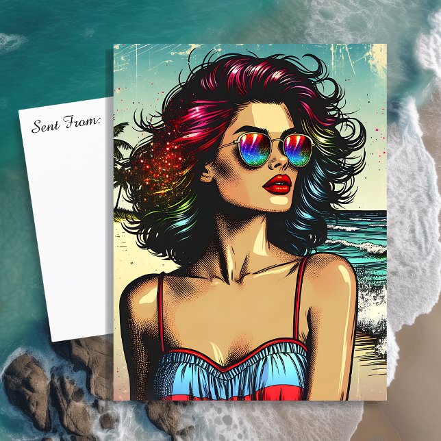 Beautiful Woman on Beach Comic Book Pop Art Postkarte (Von Creator hochgeladen)