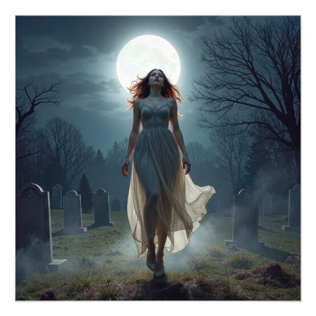 Beautiful Woman Walking In a Moonlit Cemetery Fotodruck (Vorne)