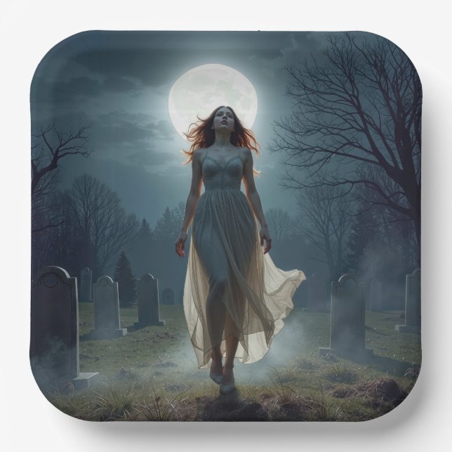 Beautiful Woman Walking In a Moonlit Cemetery Pappteller (Vorderseite)
