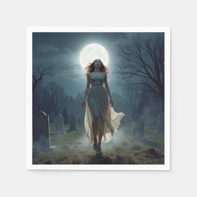 Beautiful Woman Walking In a Moonlit Cemetery Serviette (Vorderseite)