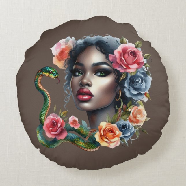 Beautiful Women and Snake Cushion Rundes Kissen (Rückseite)
