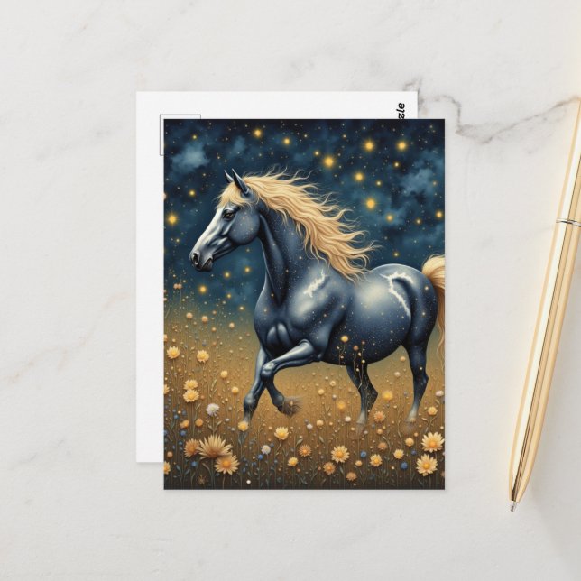 Beautiful Year of the Horse in meadow  Postkarte (Vorderseite/Rückseite Beispiel)