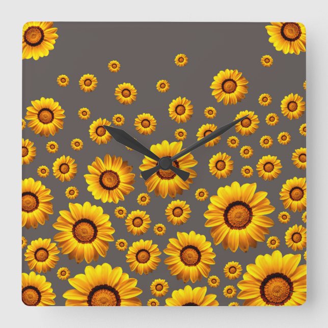 Beautiful yellow flowers on gray background quadratische wanduhr (Vorderseite)
