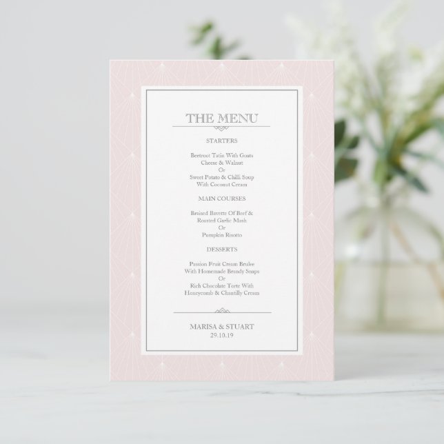 Beautiul Pastel Pink Wedding Menü Art Deco (Stehend Vorderseite)