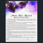 *~* Beauty Abstrakte Haftungsausschlussdienste Flyer<br><div class="desc">2 Flyer Haftpflicht Einverständnis Freistellungsvertrag und Service- und Preisliste für Sie, um Ihre persönlichen Daten anzupassen. * Energy Enhanced Abstrakt Watercolor Liability Consent and Release Wavier Services List und Preise auf der Rückseite dieses Flyers. Das Wasser ist Bio Lila, lavender und rosa. Das ist eine farbenfrohe GLAM GLITZY LUXE Feminine...</div>