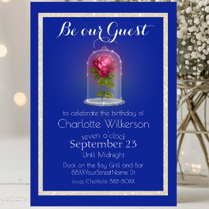 Beauty and the Beast Magische Rose auf Blau Einlad Einladung