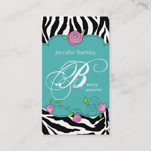 Beauty Business Card Zebra Rose Salon Pink Blau Visitenkarte (Vorderseite)
