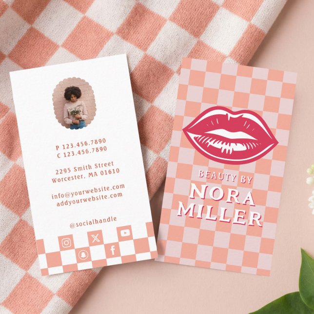 Beauty By Retro Pink Checkerboard Lips Makeup Visitenkarte (Beauty By Retro Pink Checkerboard Lips Makeup Business Card)