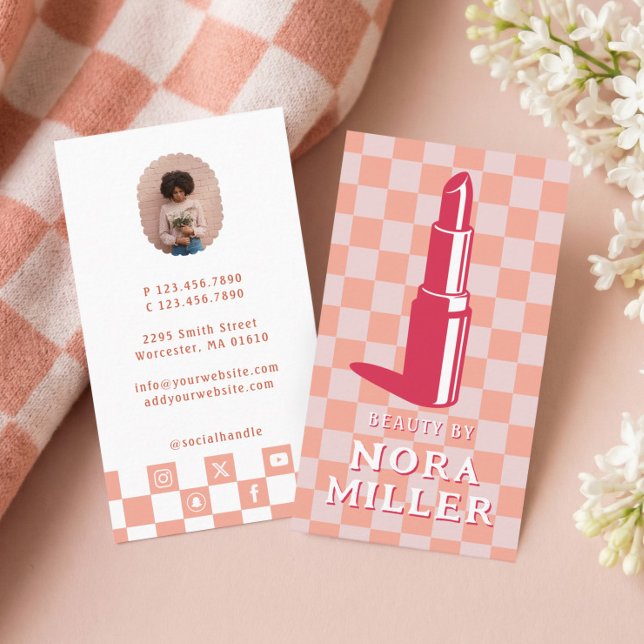 Beauty By Retro Pink Checkerboard Lipstick Makeup Visitenkarte (Beauty By Retro Pink Checkerboard Lipstick Makeup Business Card)