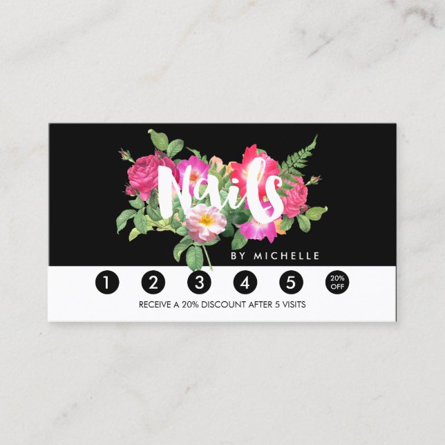 Beauty Florals Nail Salon Black Loyalty Card Treuekarte (Vorderseite)