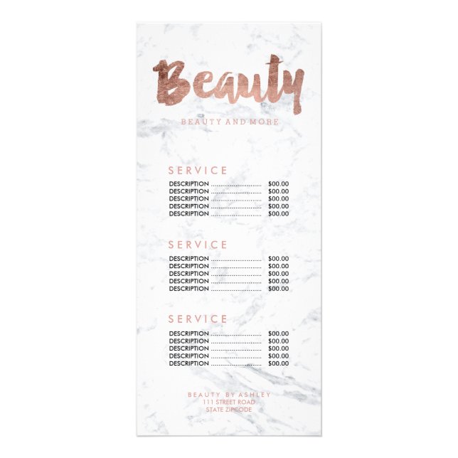Beauty IMITATE Rose Goldtypografie Marmorpreislist Werbekarte (Vorne)