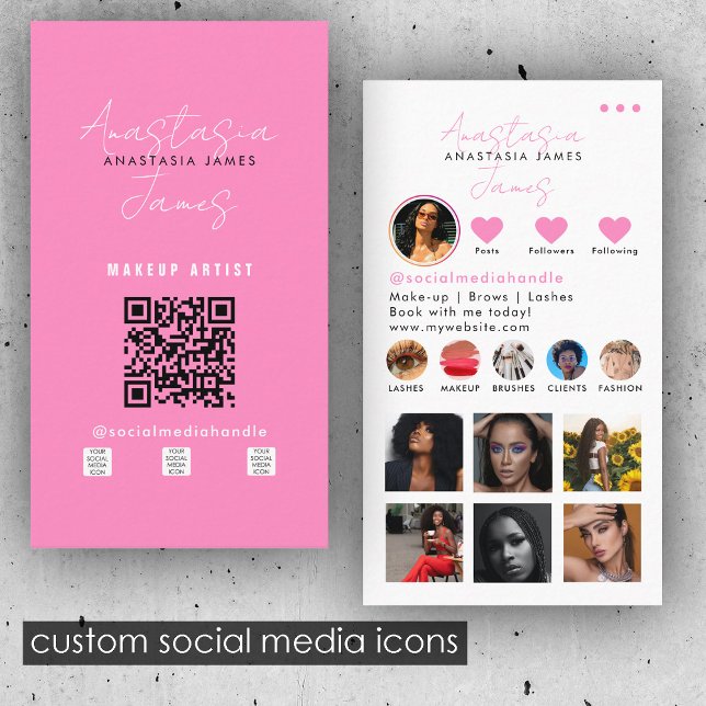 Beauty Influencer Social Media QR Code Rosa Visitenkarte (Beauty Influencer Social Media QR Code Pink Business Card)