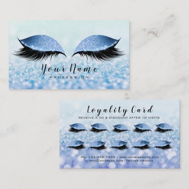 Beauty Loyalty Card 10 Makeup Lashes Blue Glitzer1 Treuekarte (Vorne/Hinten)