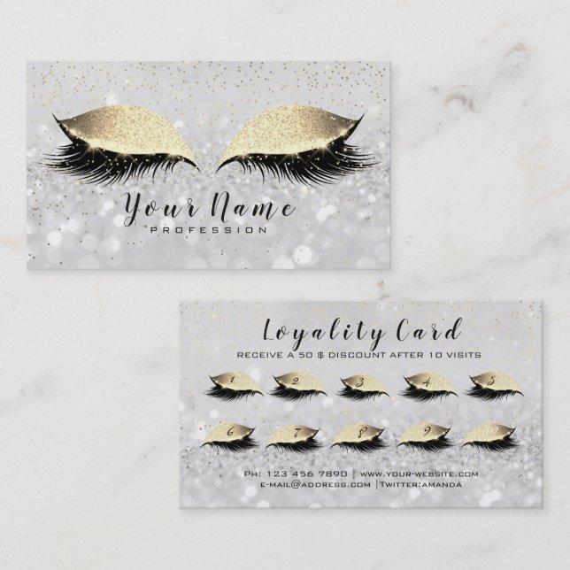 Beauty Loyalty Card 10 Makeup Lashes Gold Gray WOW Treuekarte (Vorne/Hinten)