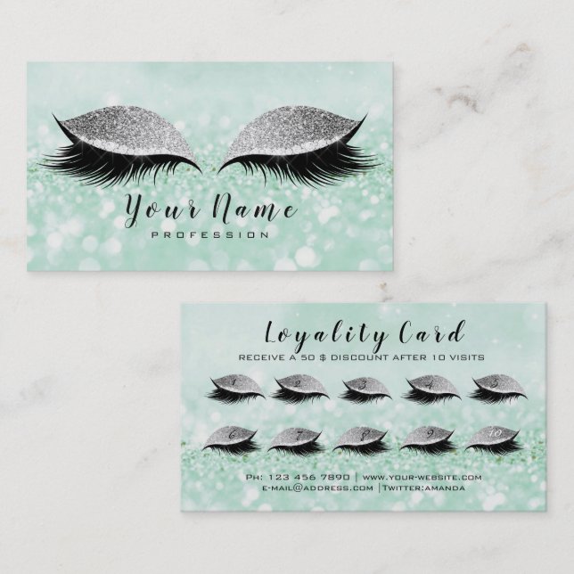 Beauty Loyalty Card 10 Makeup Lashes Mint Glitzer Treuekarte (Vorne/Hinten)