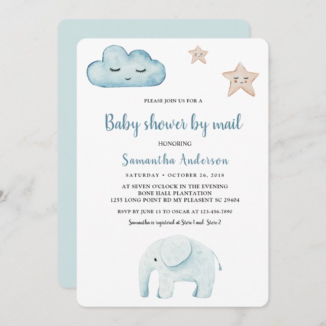 Beauty Pastel Blue Elephant Babydusche per Mail Einladung (Vorne/Hinten)