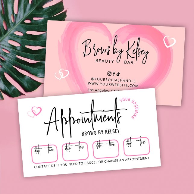 Beauty Salon Girly Pink Watercolor Heart Script Terminkarte (Girly pink hearts beauty salon and spa appointment reminder cards)