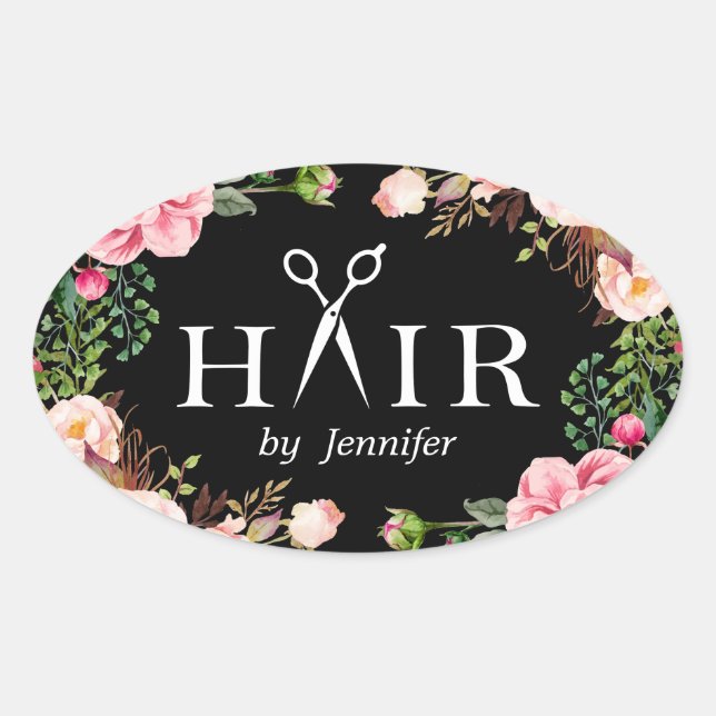 Beauty Salon Haar Cut Schere Logo Elegante Blumen Ovaler Aufkleber (Vorderseite)