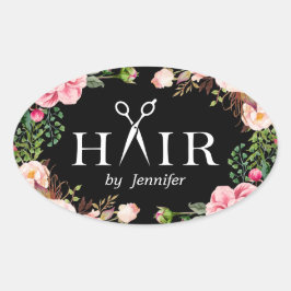 Beauty Salon Haar Cut Schere Logo Elegante Blumen Ovaler Aufkleber