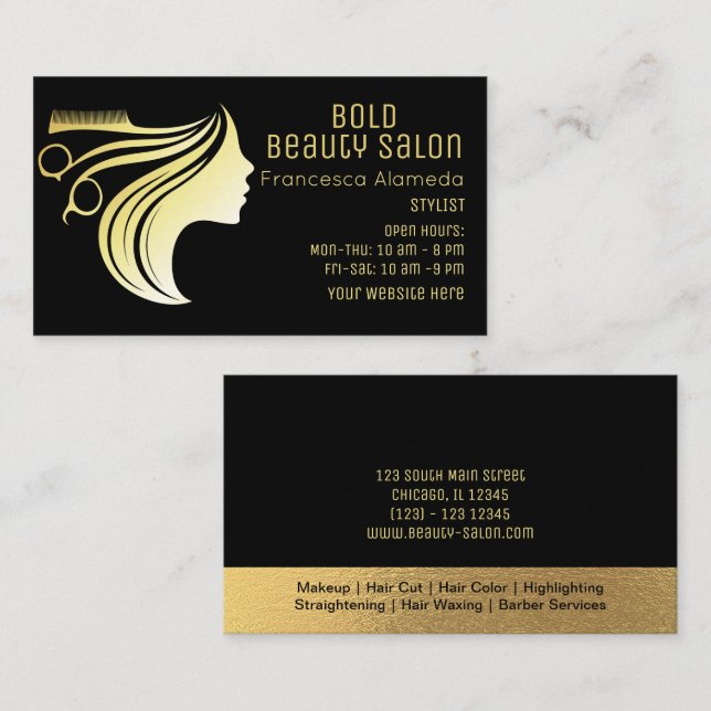 Beauty Salon Haar Stylist Metallic Gold + Schwarz Visitenkarte (Vorne/Hinten)