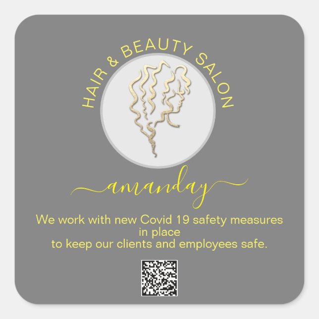 Beauty Salon Hair Covid Logos Haare QR Grau Quadratischer Aufkleber (Vorderseite)