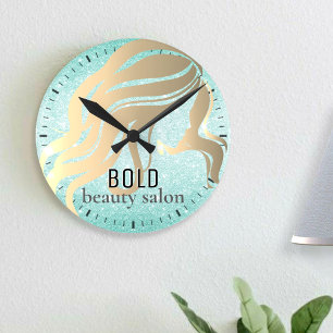 Beauty Salon Metallic Gold Aqua Blauer Glitzer Runde Wanduhr