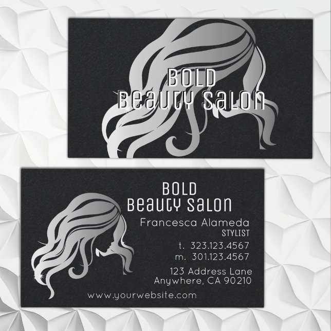 Beauty Salon Metallic Silver Hair Stylist Black Visitenkarte (Von Creator hochgeladen)