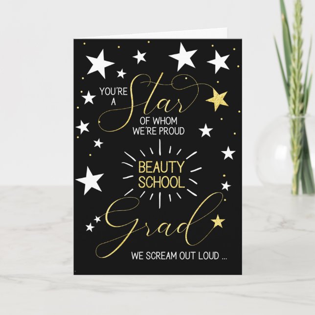 Beauty School Graduate Black Gold Stars Typography Karte (Vorderseite)