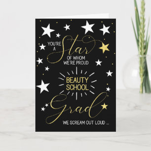 Beauty School Graduate Black Gold Stars Typography Karte