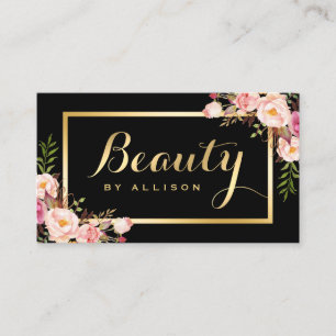 Beauty Script Makeup Salon Black Gold Floral Visitenkarte