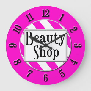 Beauty Shop Pink Weiß Streifen Retro Wall Uhr