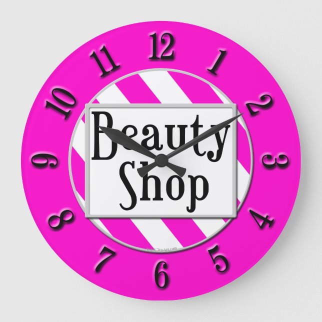Beauty Shop Pink Weiß Streifen Retro Wall Uhr (Vorderseite)