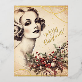 Beauty Vintag Lady Frohe Weihnachtsgrüße Retro Folien Feiertagspostkarte