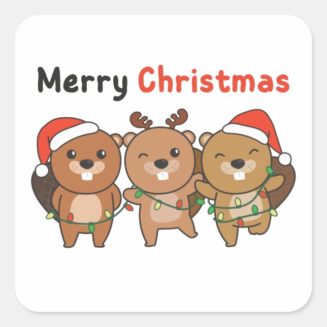 Beaver Christmas Animals Beavers Merry Christmas Quadratischer Aufkleber (Vorderseite)