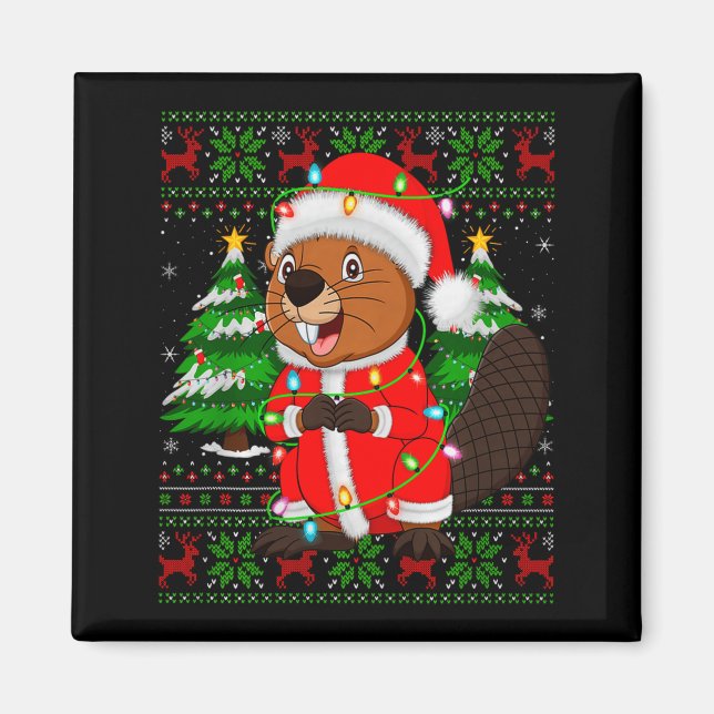 Beaver Christmas Lights Santa Costume Ugly Xmas Sw Magnet (Vorne)