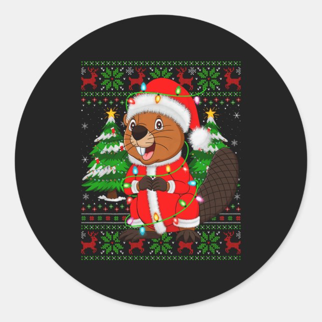 Beaver Christmas Lights Santa Costume Ugly Xmas Sw Runder Aufkleber (Vorderseite)