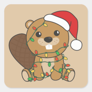 Beaver Christmas Winter Animals Beaver Square Stic Quadratischer Aufkleber