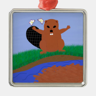 Beaver Gebäude Dam Cartoon Art Silbernes Ornament