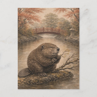 Beaver Japanese Landscape Postcard Postkarte