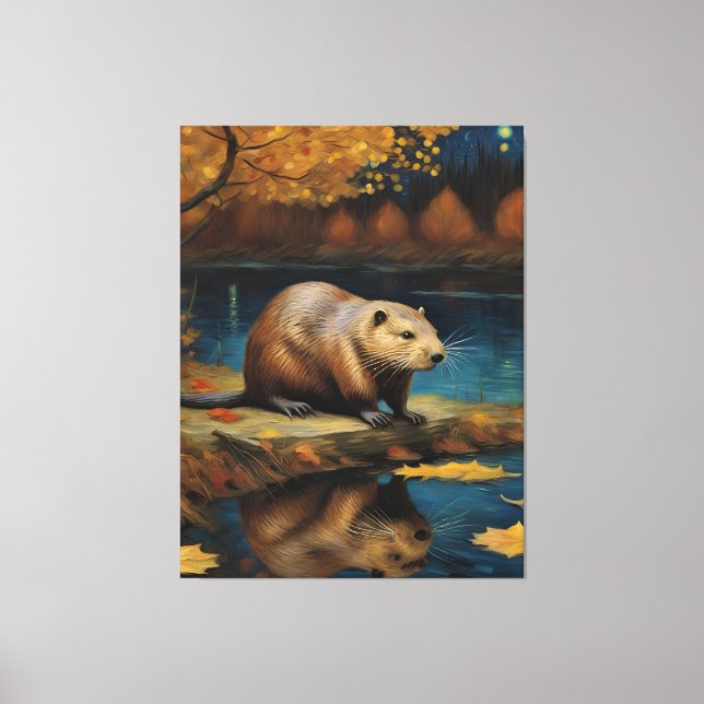 Beaver nachts von Van Gogh AI Generiert Leinwanddruck (Vorderseite)