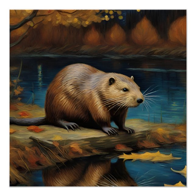 Beaver nachts von Van Gogh AI Generiert Poster (Vorderseite)