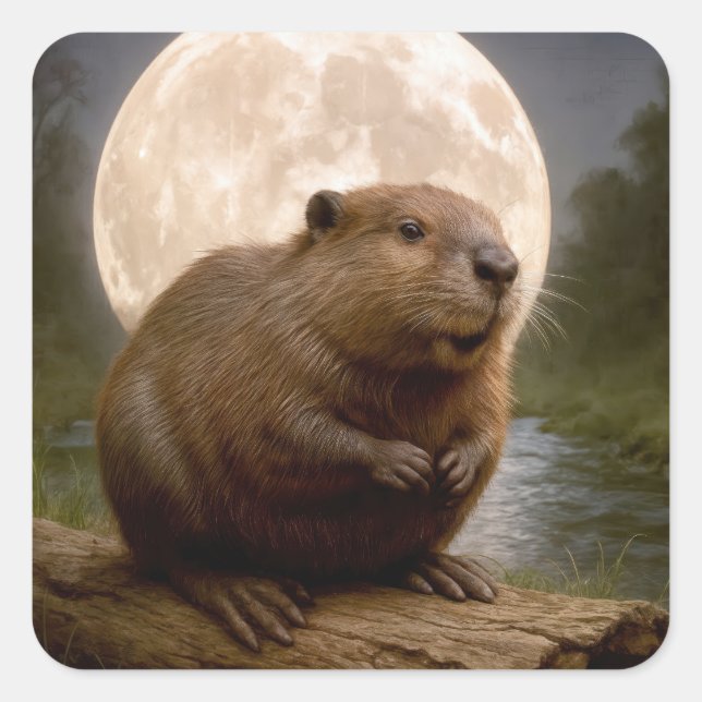 Beaver On a Log With Full Moon Quadratischer Aufkleber (Vorderseite)