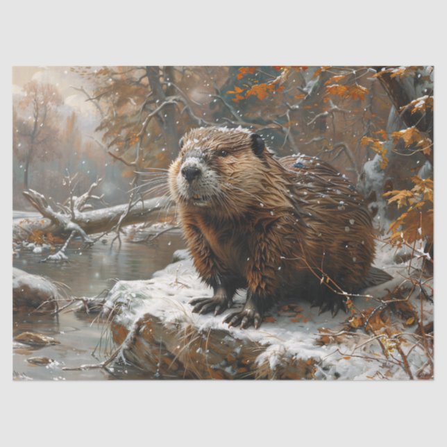 Beaver Winter Landschaftsmalerei Dekoupage Seidenpapier (Vorderseite)