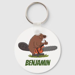 Beaver with chainsaw funny cartoon illustration schlüsselanhänger
