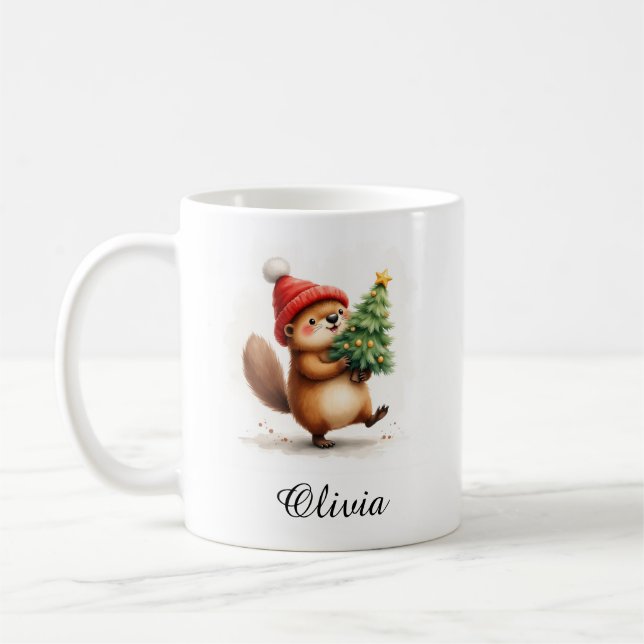 Beaver with Christmas Tree Custom Name Kaffeetasse (Links)