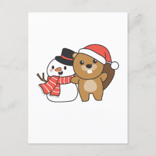 Beaver With Snowman in Winter At Christmas Feiertagspostkarte