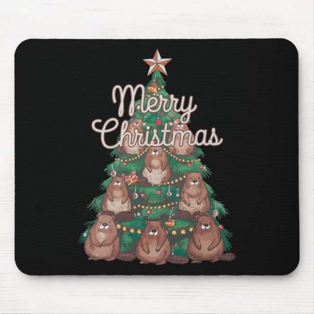 Beaver Xmas Tree Beaver Weihnachtsbaum Merry Chris Mousepad (Vorne)
