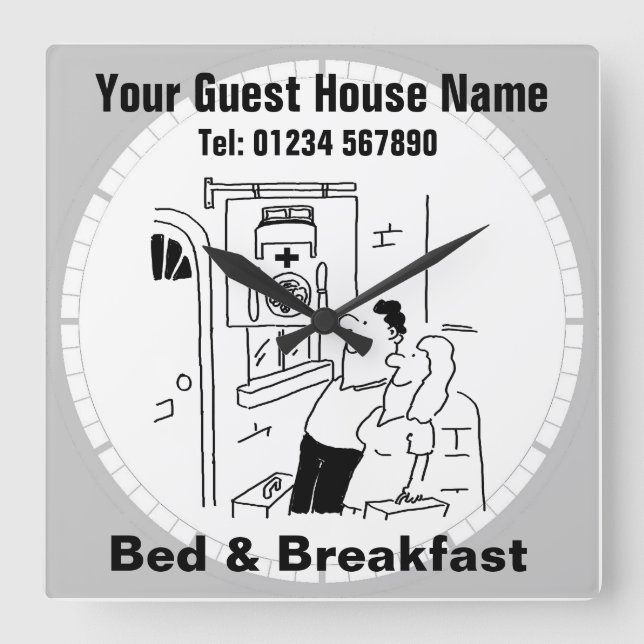 Bed & Breakfast Cartoon Quadratische Wanduhr (Vorderseite)